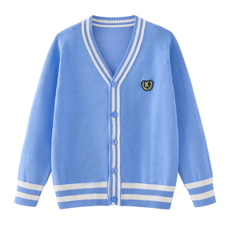 Teen Striped Patchwork Knitted Cardigan Boys Girls Custom Badge High School Uniform Kids Sweater Jacket