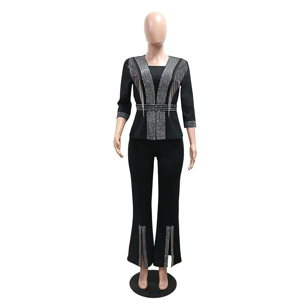 2 Pieces Sets For African Women Clothes Chiffon Tracksuit With Stones Long Dress Tops Pants Outfits