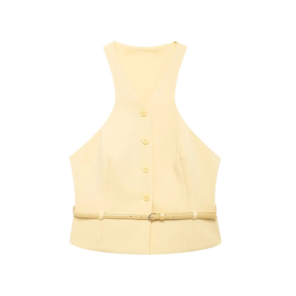 Women 2025 summer New Chic Fashion With belt neck vest style Tank Tops Vintage sleeveless Female Camis Chic Tops