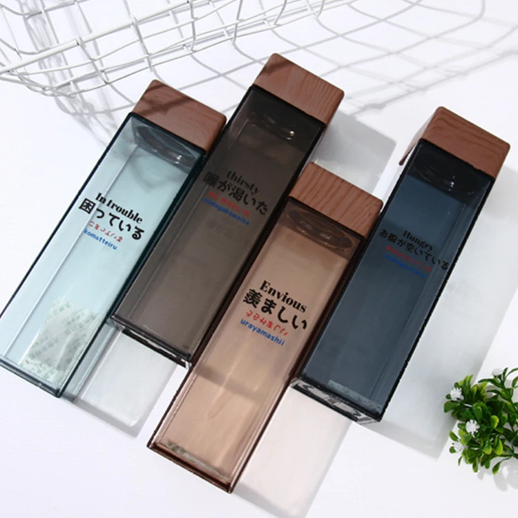 Outdoor Travel Transparent Wood Lid Plastic Square Frosted Water Bottle For Sports