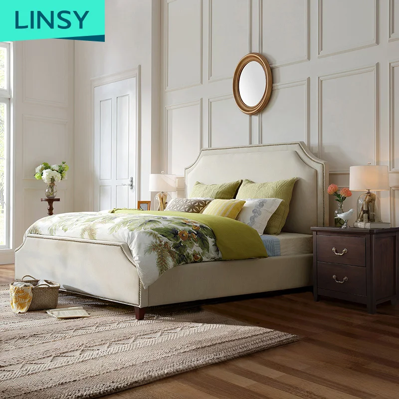 Linsy Latest King Size Double Bed Solid Wood Designs White Upholstered Classic Wooden Twin Princess Bed For Girls RAF1A