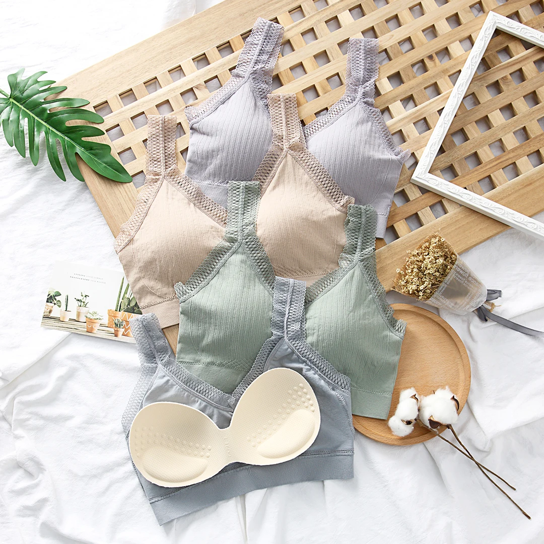 
Women V-Neck High Elastic Lace Strap Soft Thailand Latex Padding Wireless Seamless Sport Bra Bralette Crop Top Chest Wrap 