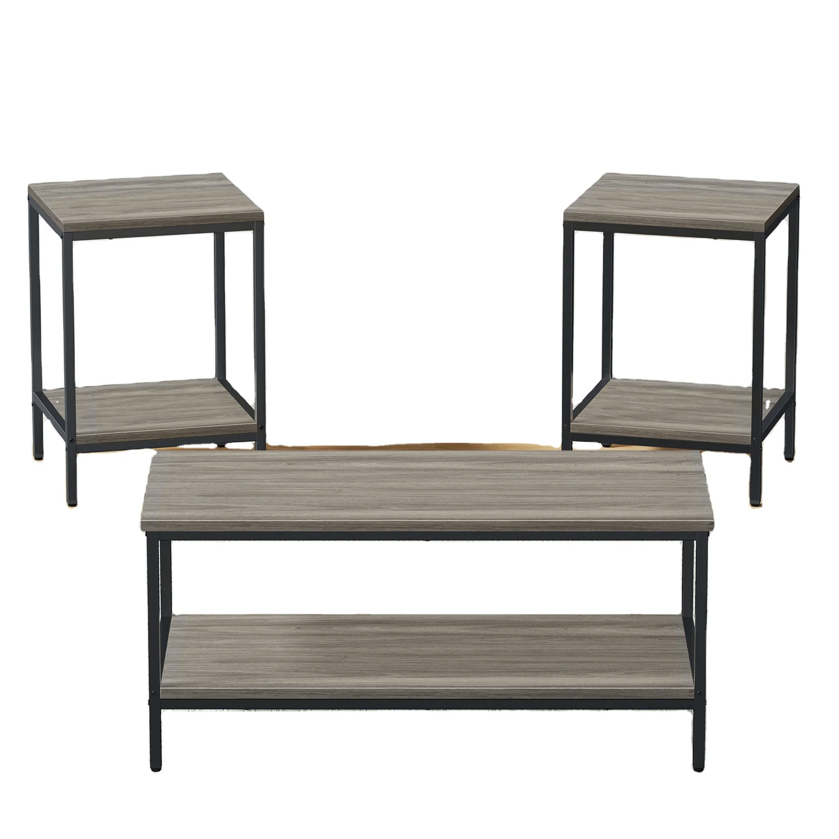 3-Piece Coffee and End Table Set: Rustic Rock Gray Elegance with Sturdy Metal Frames