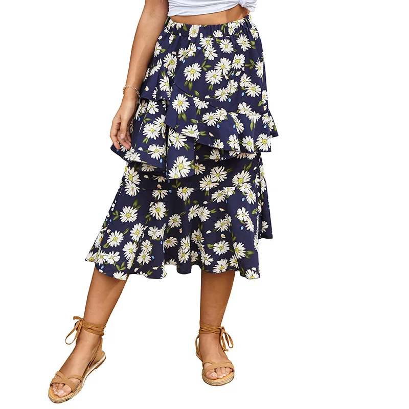 Женская шифоновая юбка с оборками, повседневная Асимметричная длинная юбка с леопардовым принтом, новинка 2021