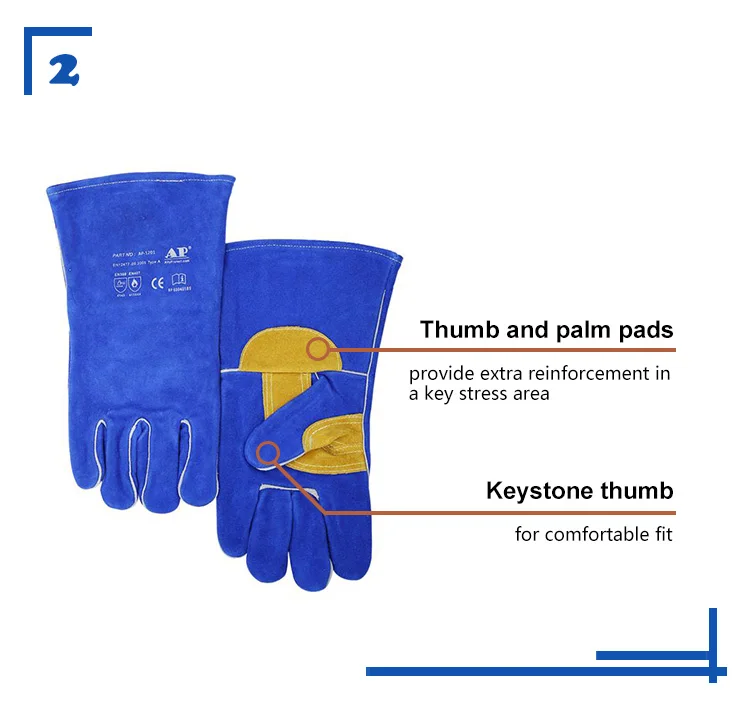 
AP-1201 Blue split cowhide leather Mitts Oven Grill Fireplace Pot Holder MIG Welder heavy duty Welding Gloves 