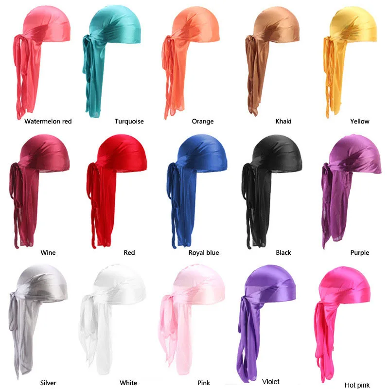 Wholesale Custom logo multicolor solid color long silky Satin durag hat for men