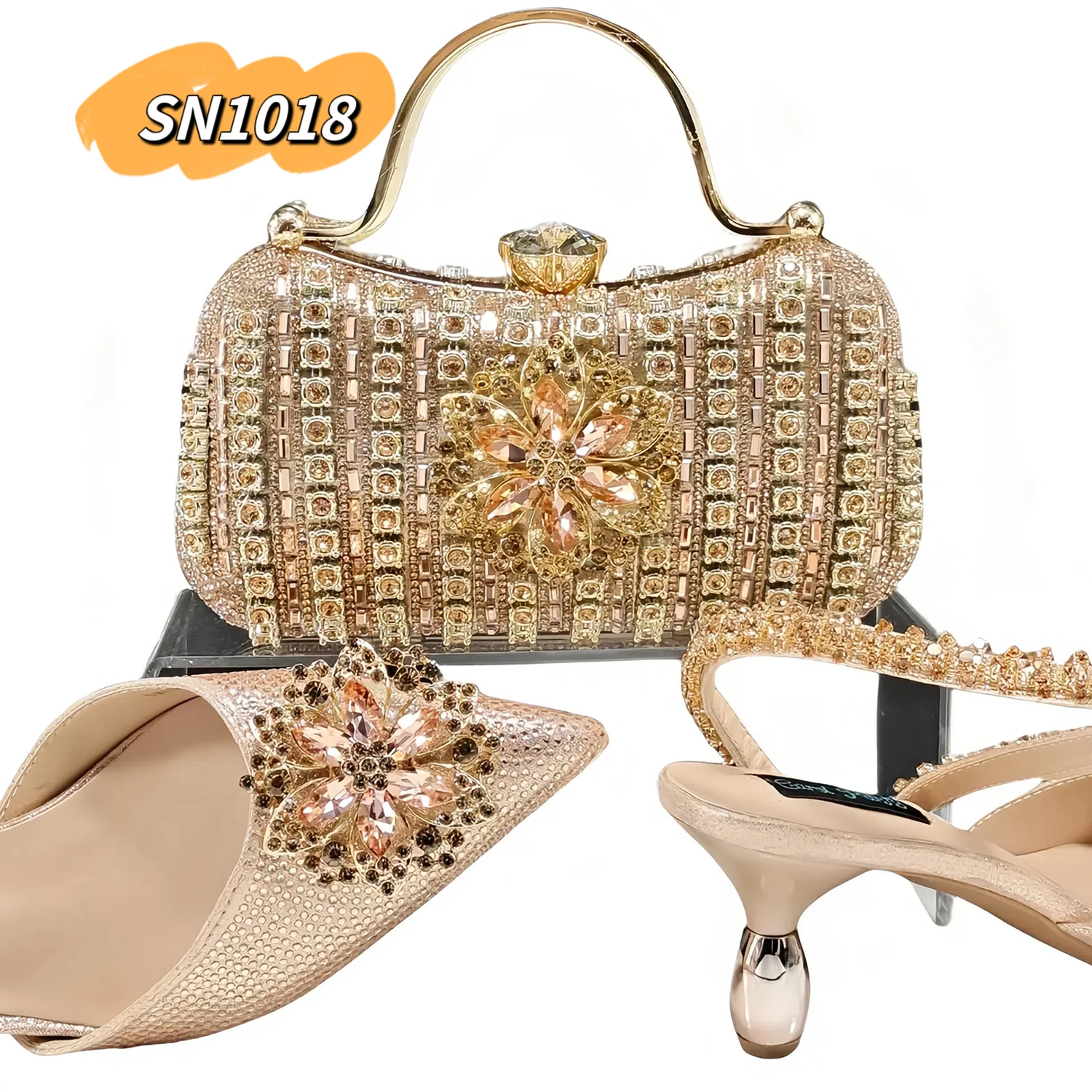 Rhinestone evening matching shoe and bag set high heels peach matching clutch bag woman nigeria inmyshop