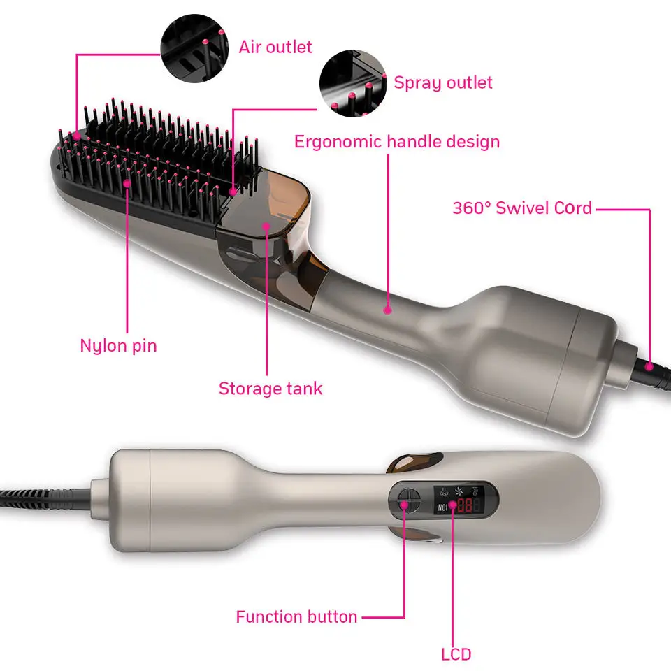 2022 New Style 3 In 1 Steam Hair Straightener Mist Spray Blow Dryer Brush Negative Ion Volumizer Hot Air Brush