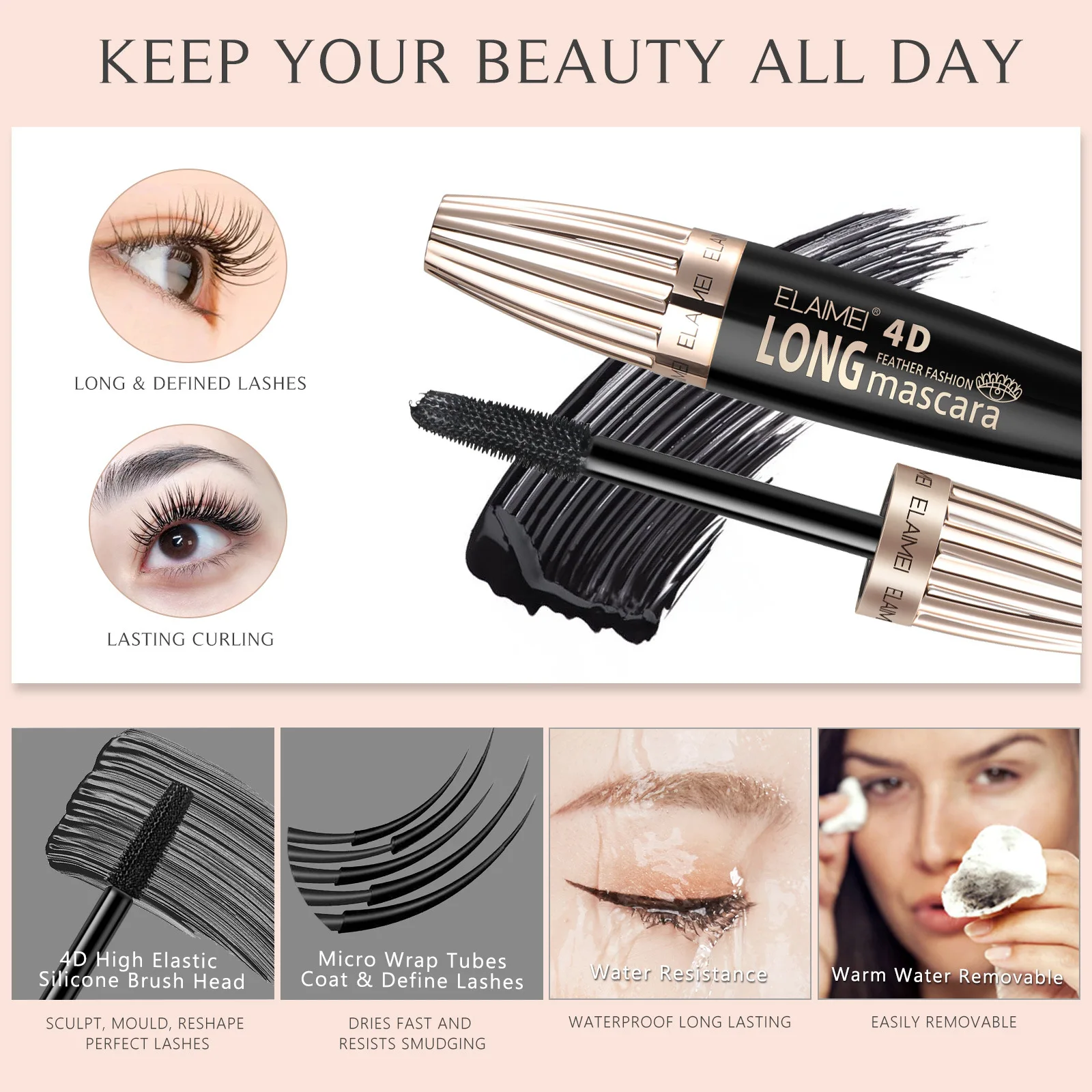 Wholesale Waterproof Eyelash Extensions Mascara 4D Silk Fiber Eyelash Golden Curl Mascara 10ml