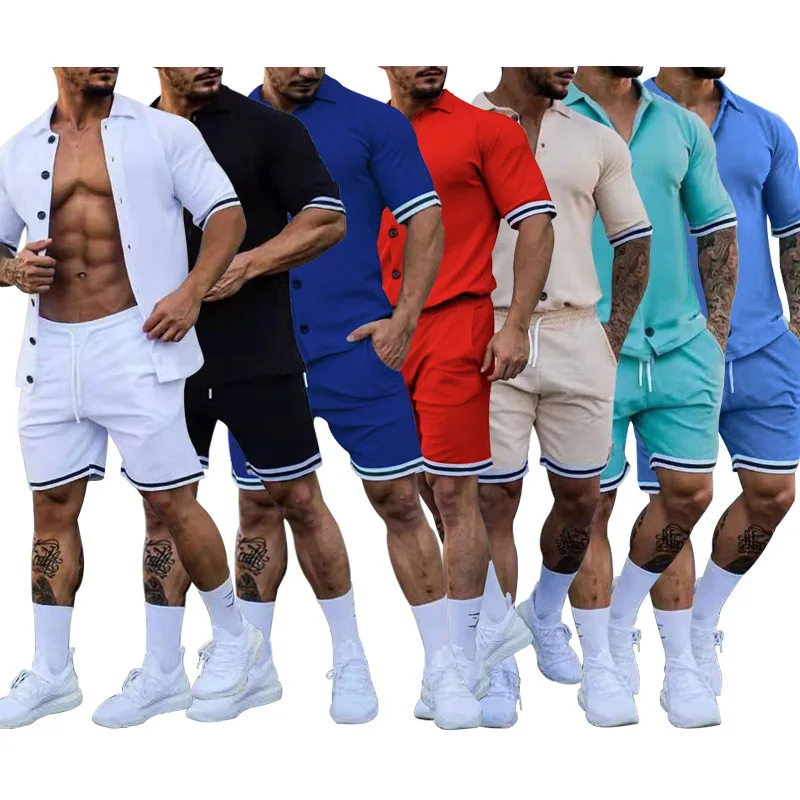 Men Sets New Solid Color Lapel Buttoned Short Sleeve Shirt Shorts Custom Baseball Uniform Set Two Piece Summer Short Set