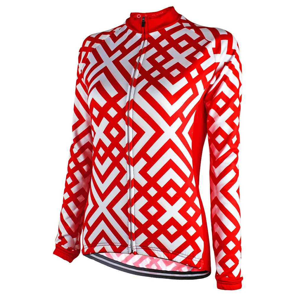 HIRBGOD Womens Long Sleeve Cycling Jersey Red Square White Theme Cyclist Winter Clothes Rib Ride Jersey