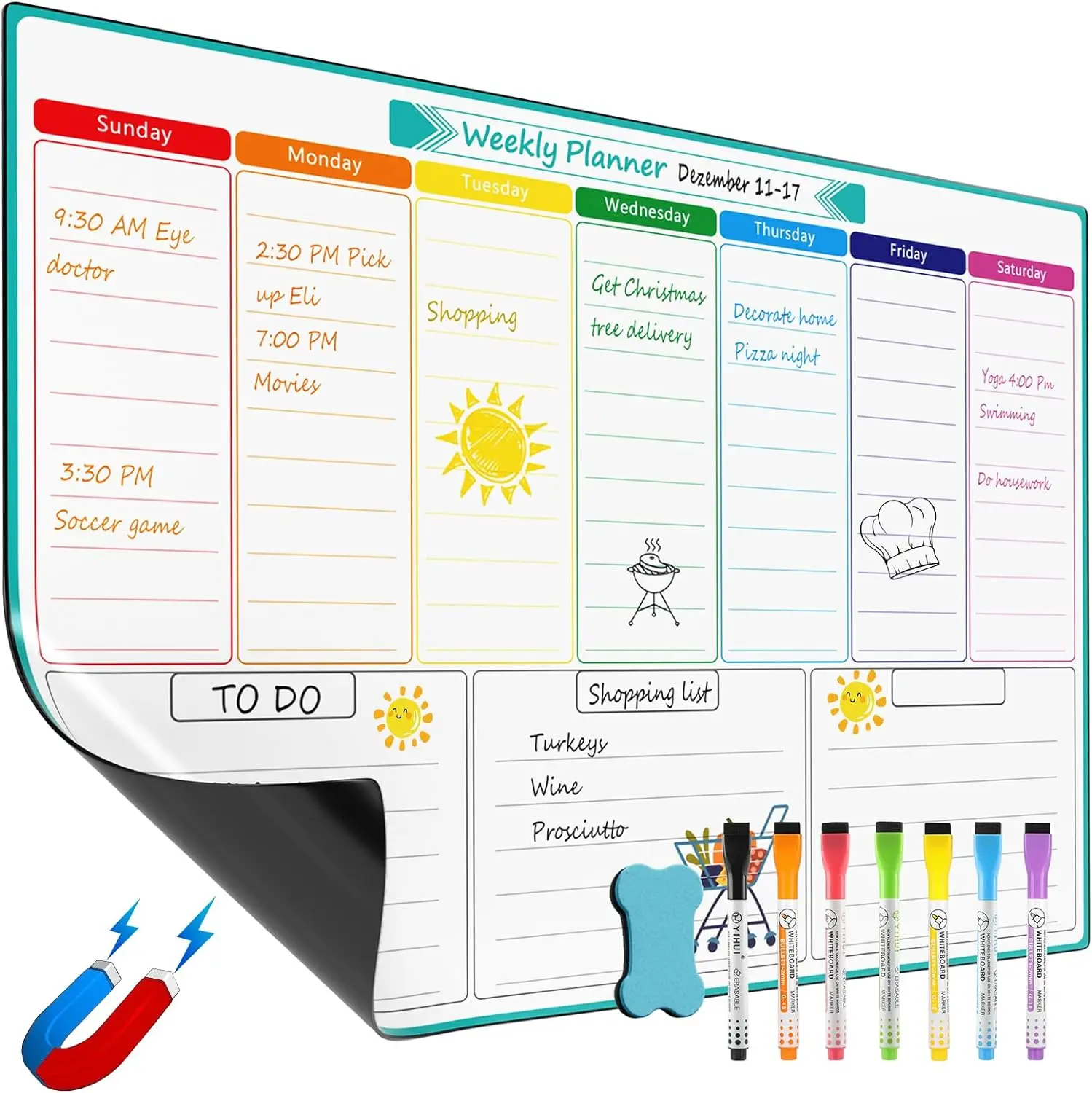custom Weekly Dry Erase Board for Fridge, Magnetic Calendar Whiteboard Planner for Refrigerator with Stain Resistant Technology