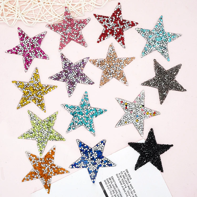 Wholesale iron on 6 cm sparkle crystal glass rhinestones patches multi colour bling hotfix star shaped rhinestone patch for bag