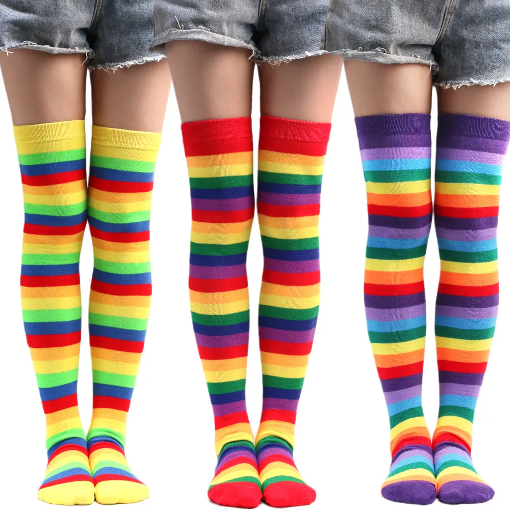 Wholesale Thigh High Over The Knee Knitted Rainbow Stripes Socks For Woman