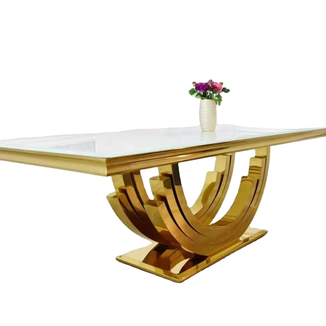 Modern home furniture dinning room table sets gold or silver stainless steel marble rectangle dining table