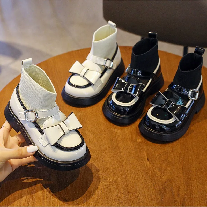 Shangzhou OEM Bota Girls Socks Boots Bow Leather Boots College Style