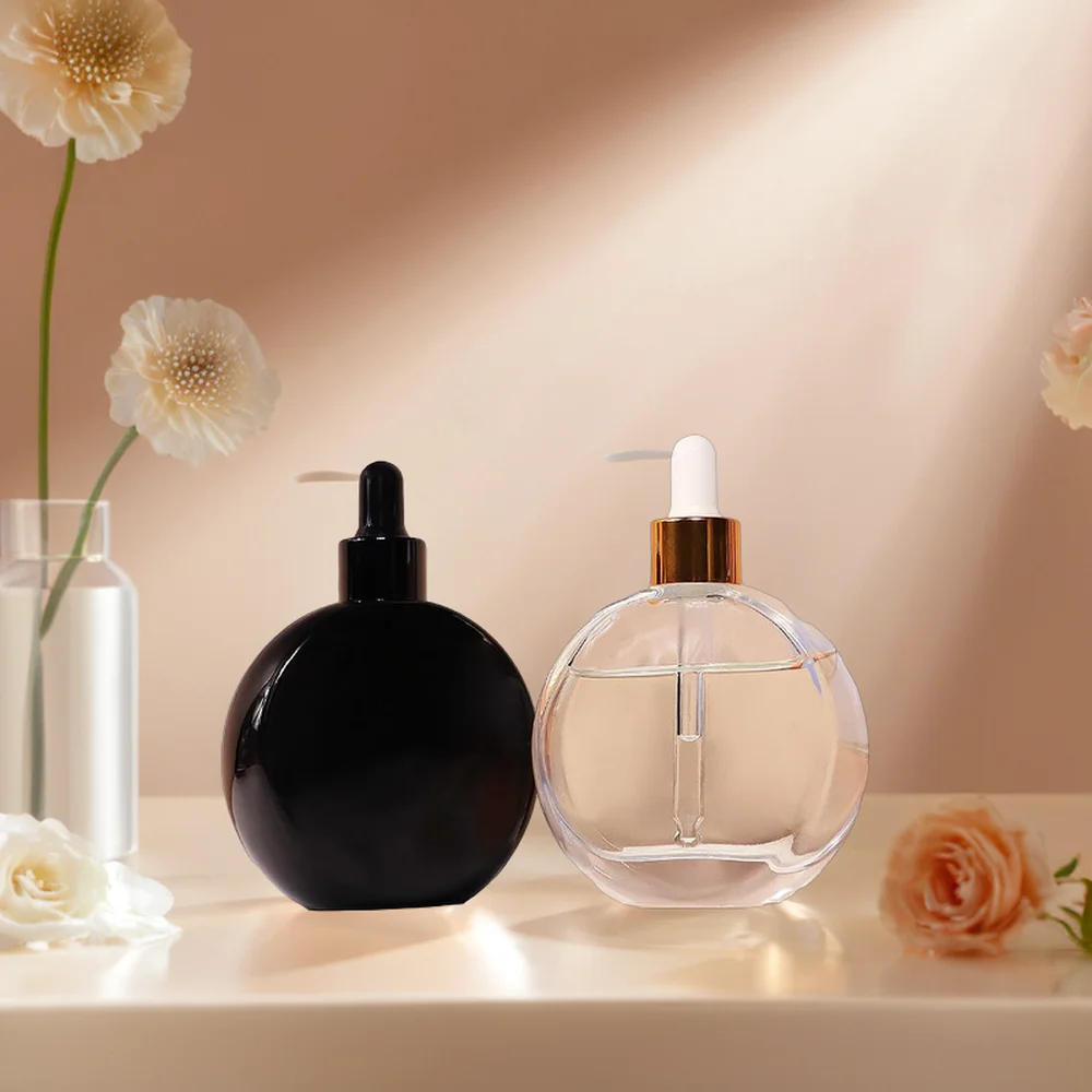 60ml  2oz flat round oblate Clear  thick bottom glass oil serum dropper bottle  for Essential Oil