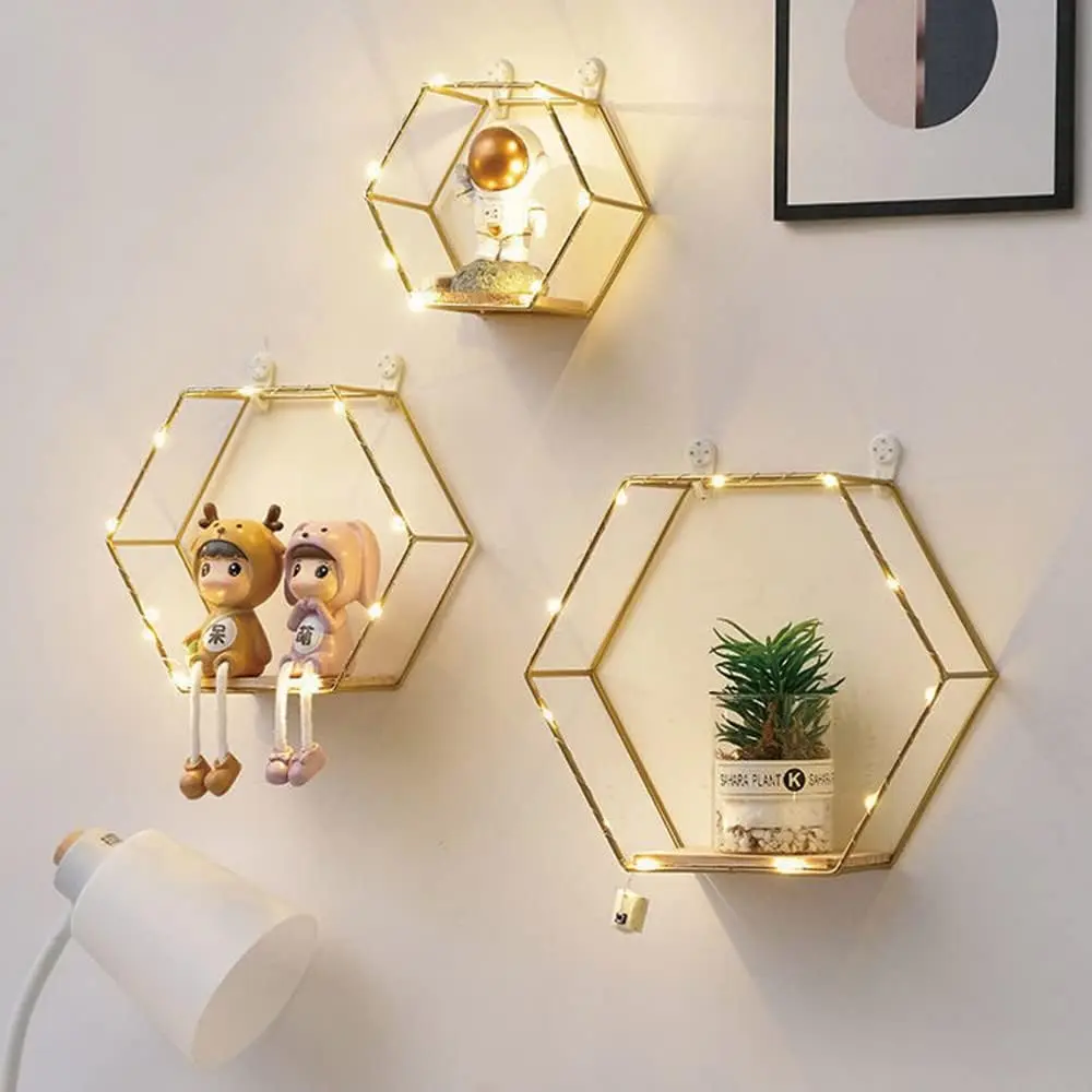 Hexagon Floating Shelves Wall Decor Gold Metal Wire and Wood Wall Mounted Storage Shelf