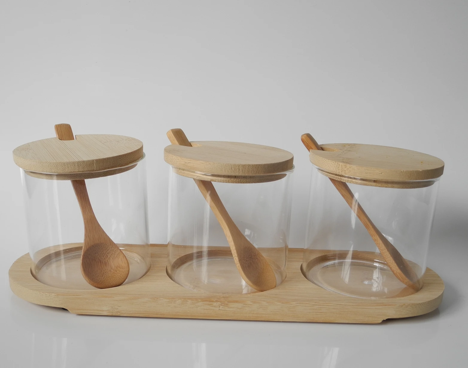 Kitchen Canister With 3pcs Glass Spice Condiment Jars Sugar Can Food Storage Containers with Wood Lids and Wooden Spoon
