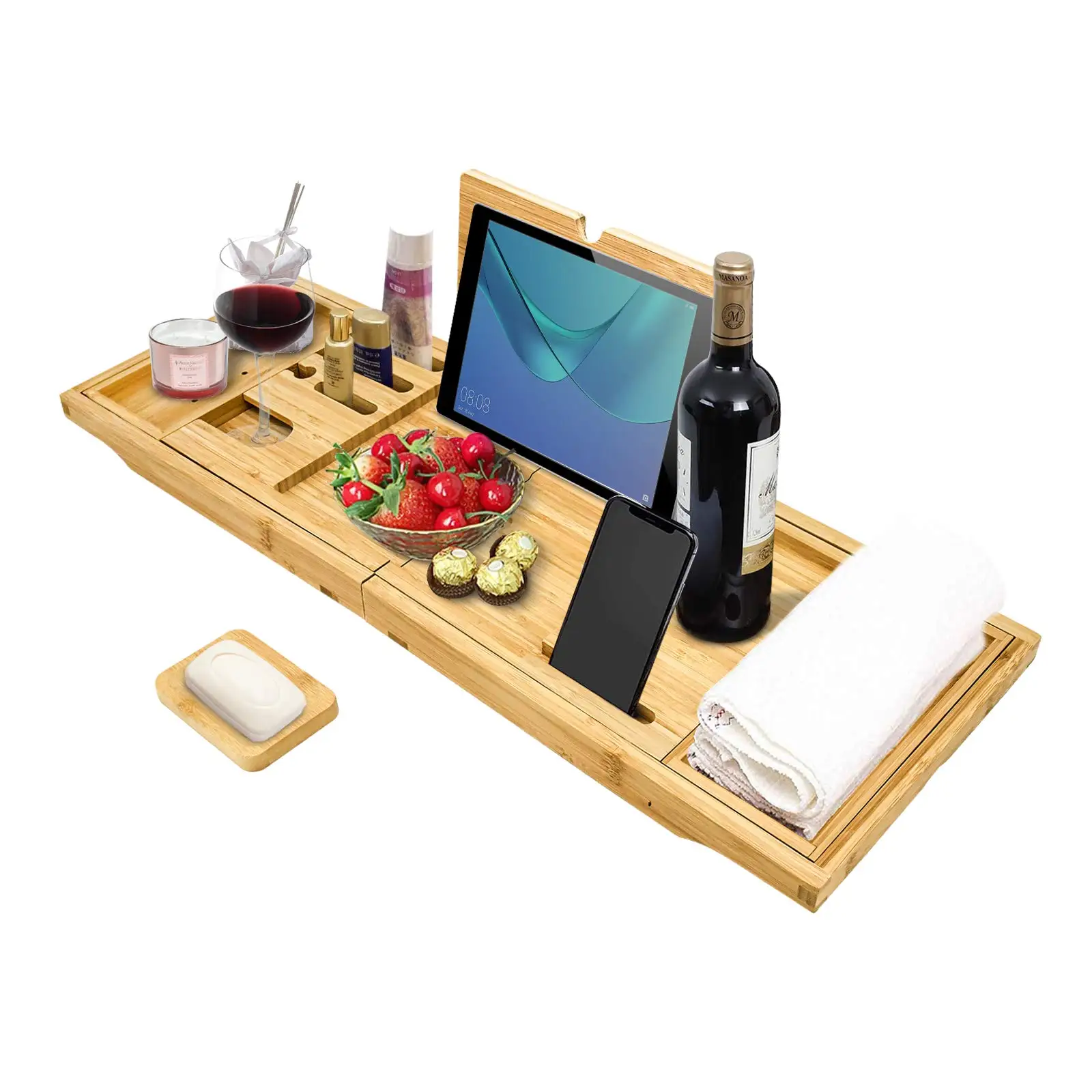 Free Sample Bathtub Caddy Tray Premium Bamboo with Extendable Sides Includes Book and Wine