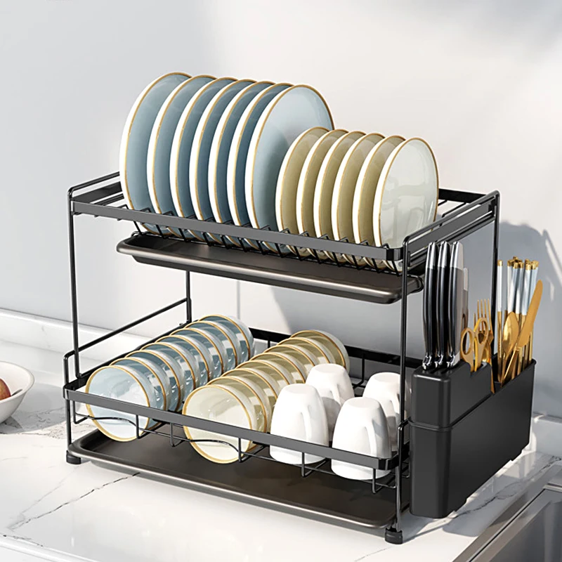 Kitchen 2-Tier Dish Rack Rak Stainless Steel Dish Drainer With Cup Utensil & Cutting Board Holders