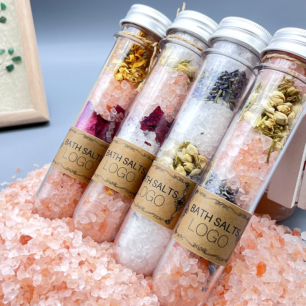 Handcrafted PET/Glass Test Tube Set Natural Himalayan Pink Epsom Bath Salts Rose Scent Body Relaxation Option Mineral Ingredient