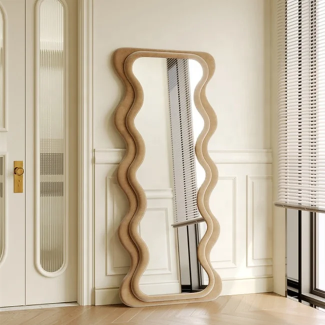 Factory modern living room simple decor floor standing large irregular fabric framed full length body wavy wall mirror espejos