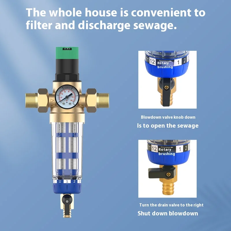 100 Micron Spin Down Reusable Brass Reducing pressure front filter With Pressure Gauge Water purifiers pre filter for Filtration