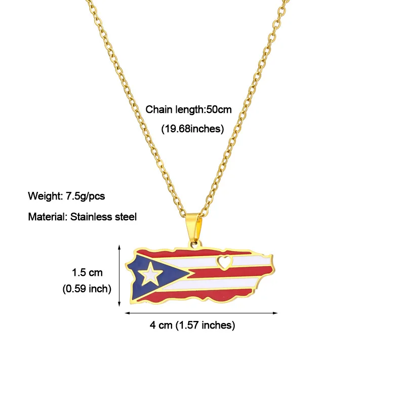 Stainless Steel Enamel Puerto Rico Map Pendant Chain Men Women Puerto Ricans PR Heart Map Necklace