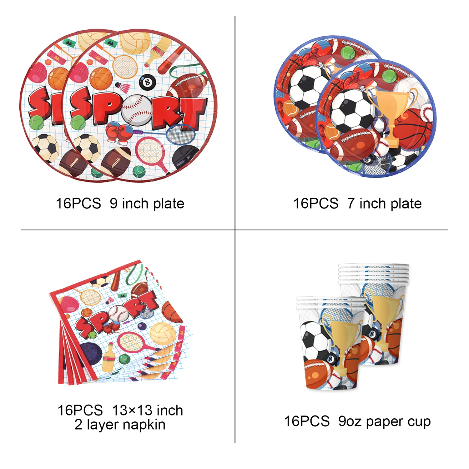 Pafu in Stock 16Pcs  Football Party Tableware Kit Sports Themed Happy Birthday Boys Napkin Plates Basketball Cups Paper Banners