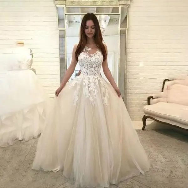 
China Scoop Lace Applique A Line Wedding Dresses Sleeveless Tulle Boho Bride Gown vestido de noiva trouwkleed 