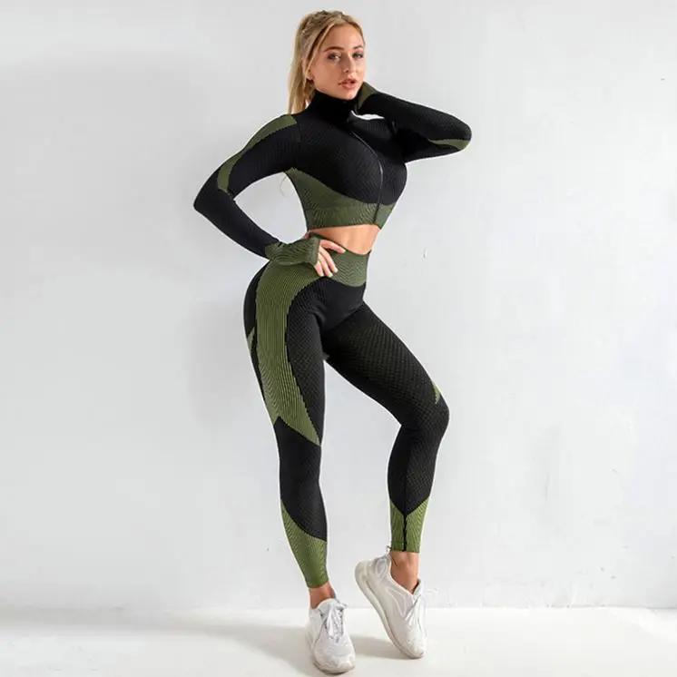 Fancy Seamless Knit Hip Lifting Fitness Gym Wear Sets Women Yoga 3 pcs set