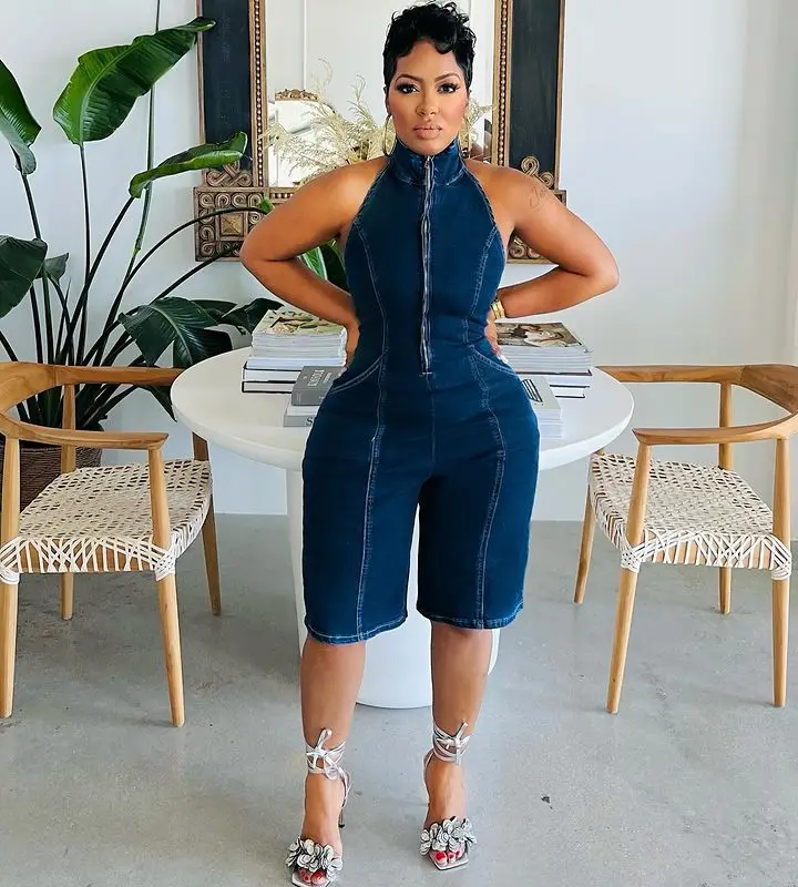 F88558 2024 new arrivals blue sleeveless jeans denim jumpsuits shorts jumpsuits outfit for women one piece jumpsuit