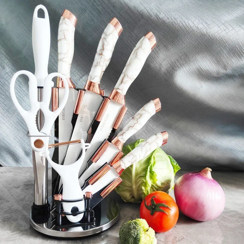9PCS Knife Sets Marble Handle Rotating Kitchen Tool Meat Chef Bread SliceMeat Chef Bread Slice  Utility Paring Knives