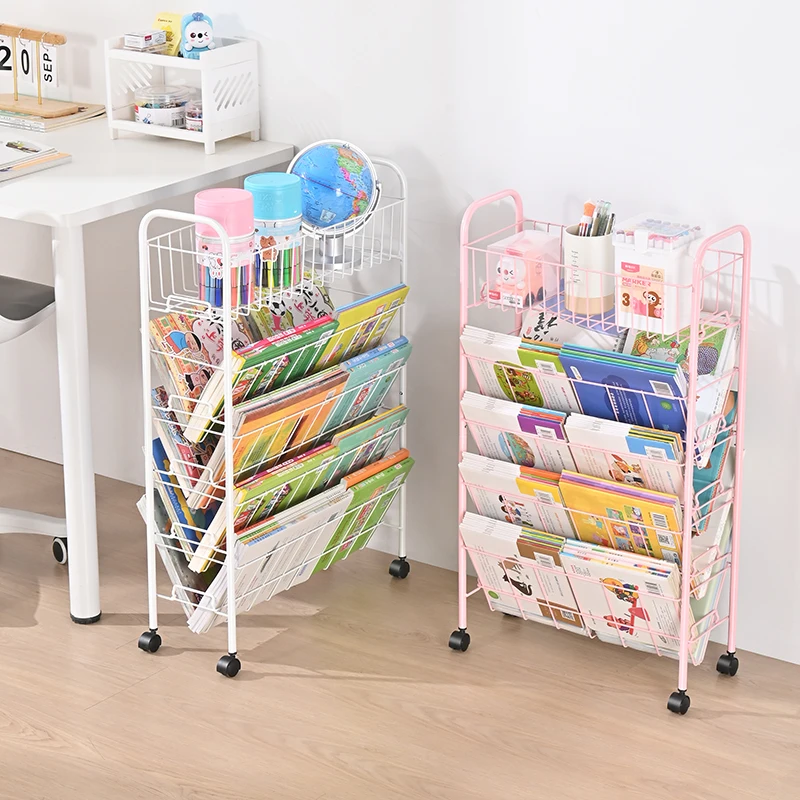 WIREKING 5 Tier Mobile Book Rack Shelf Magazine Storage Holders Racks Multifunction Metal Organisation Book Holder