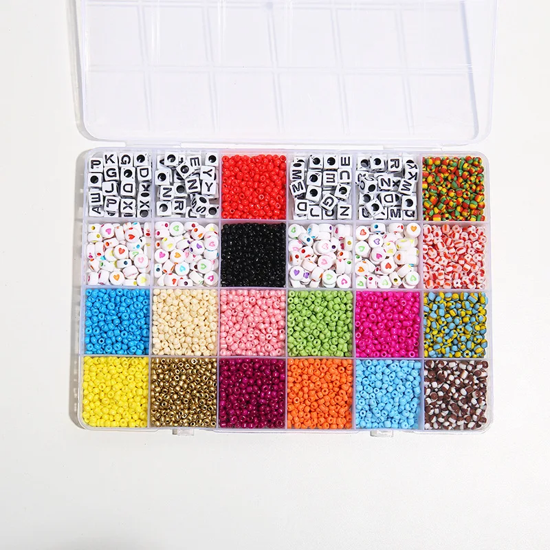 Многоцветные стеклянные бусины в коробке, 24 цвета, буквенные бусины круглой формы, стеклянные бусины для изготовления ювелирных изделий