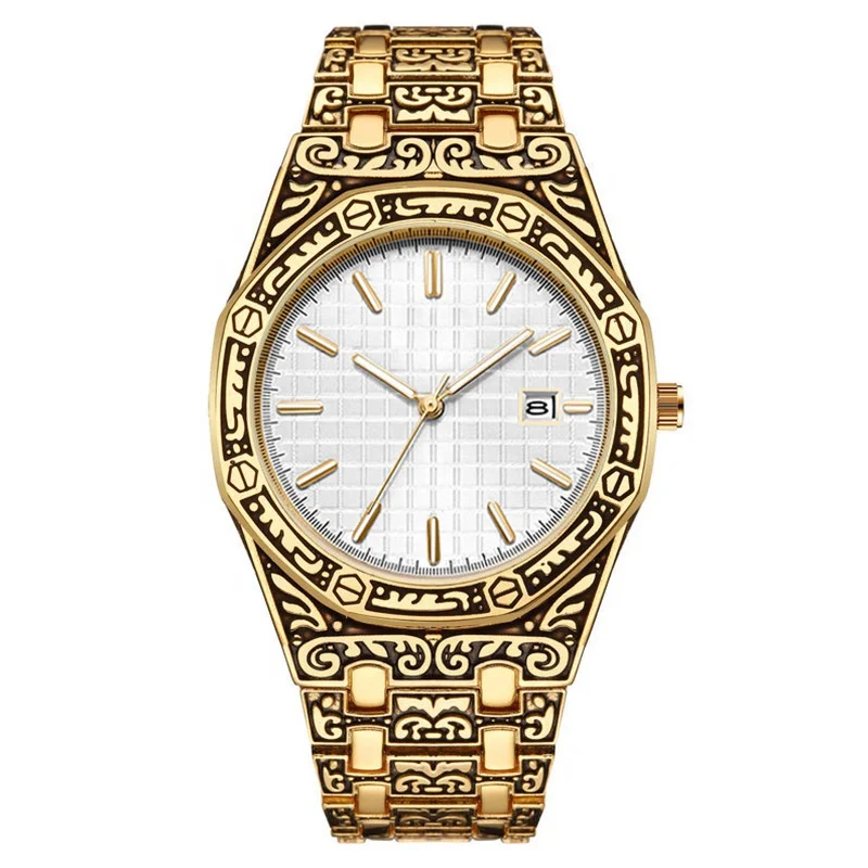 Hot Selling Classic Vintage Gold  Date Quartz Men Wristwatches Luminous Engrave Creative Watches Men Wrist