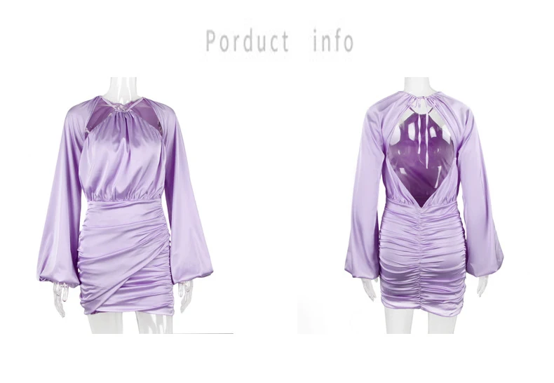Elegant Purple Satin Silk Long Sleeve Hollow Out Backless Mini Party Night Dress For Women
