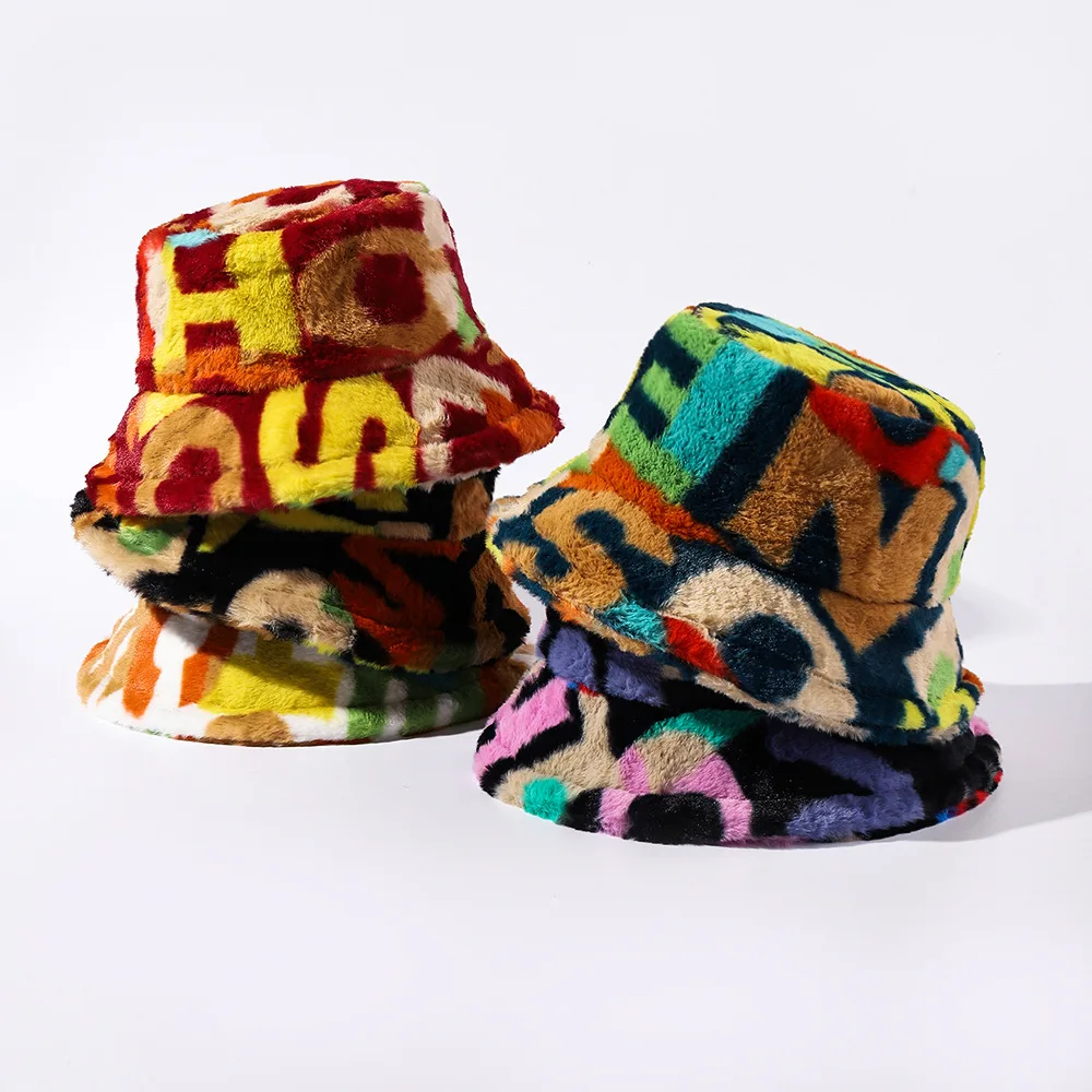 wholesale Outdoor warm Bucket Hats Fluffy faux Fur Fashion Warm Fisherman Cap Letter Printed furry Bucket Hats