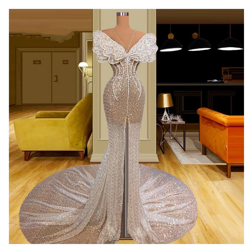Lowime Luxury Arabic Party Dress Dubai Design Evening Dresses Long Sleeves Plus Size Customize Mermaid Beaded Pearls Prom Gowns
