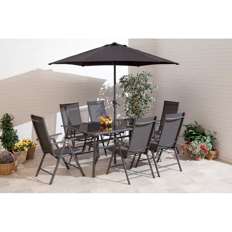 8 pcs Aluminum frame fabric chair tempered glass table contemporary outdoor garden bistro furniture