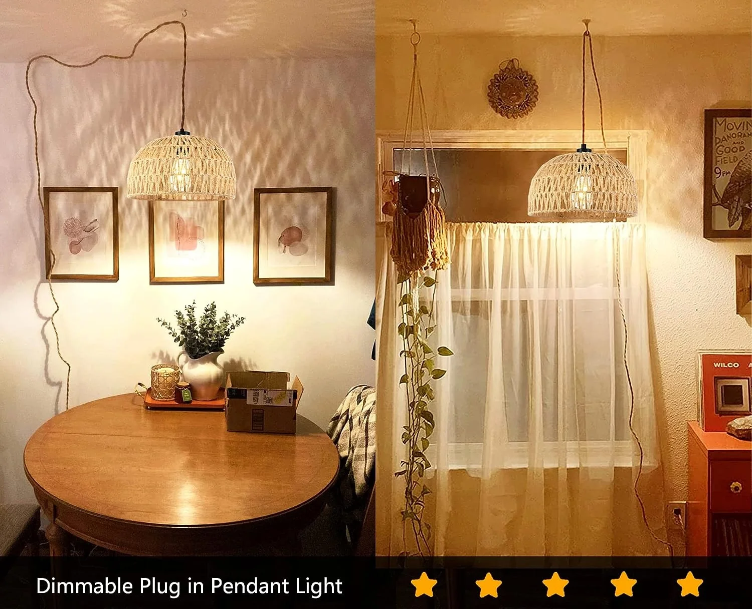 OPPstable Plug in Pendant Light Rattan Hanging Lamp,Boho Decor That Plug Into Light Fixture