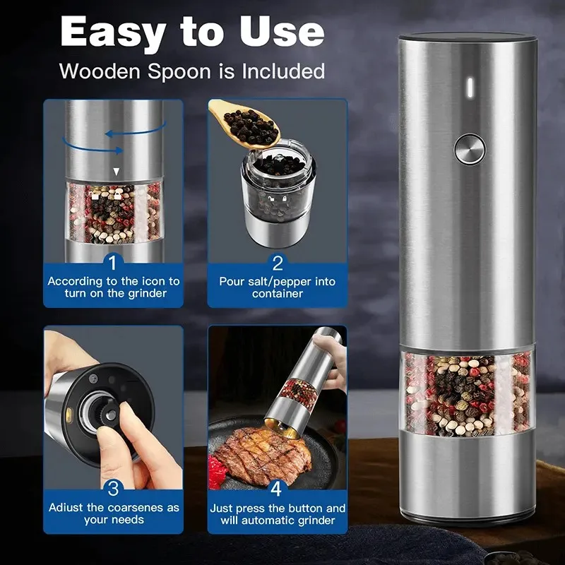 Wholesale USB Rechargeable Ceramic Burr Manual Spice Mill Gravity Electric Salt and Pepper Grinder Set with LED Light