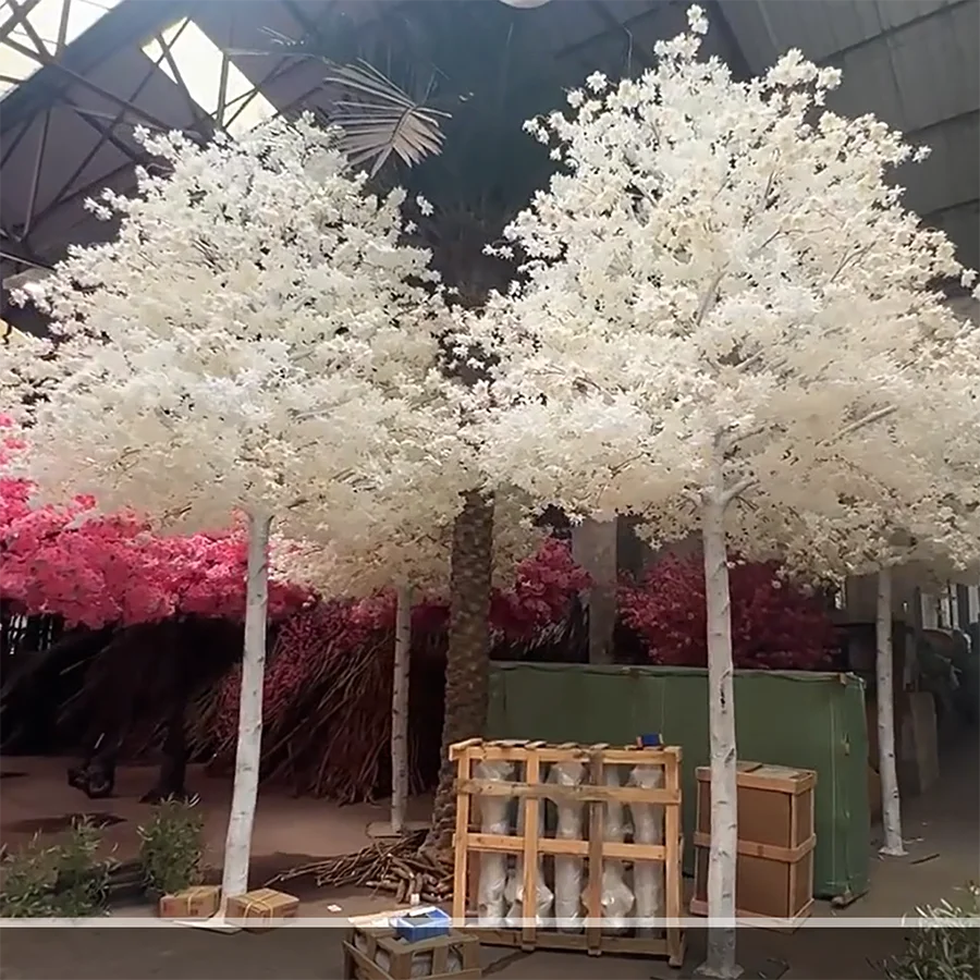 Creative design hotel mall indoor wedding decoration white flower trees fiberglass artificial plants birch blossom tree