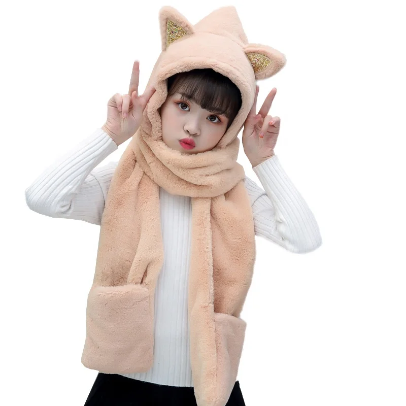 Детский Зимний Теплый мягкий модный утепленный шарф с капюшоном снуд карманные шапки перчатки шапка перчатка 3 шт. для детей