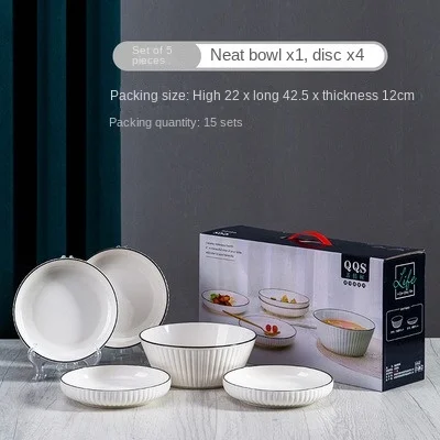 Ceramic White Porcelain Dinnerware Set Includes Bowl Plate Soup Dish & Spoons Home Hotel Restaurant Dining Features Black Rim