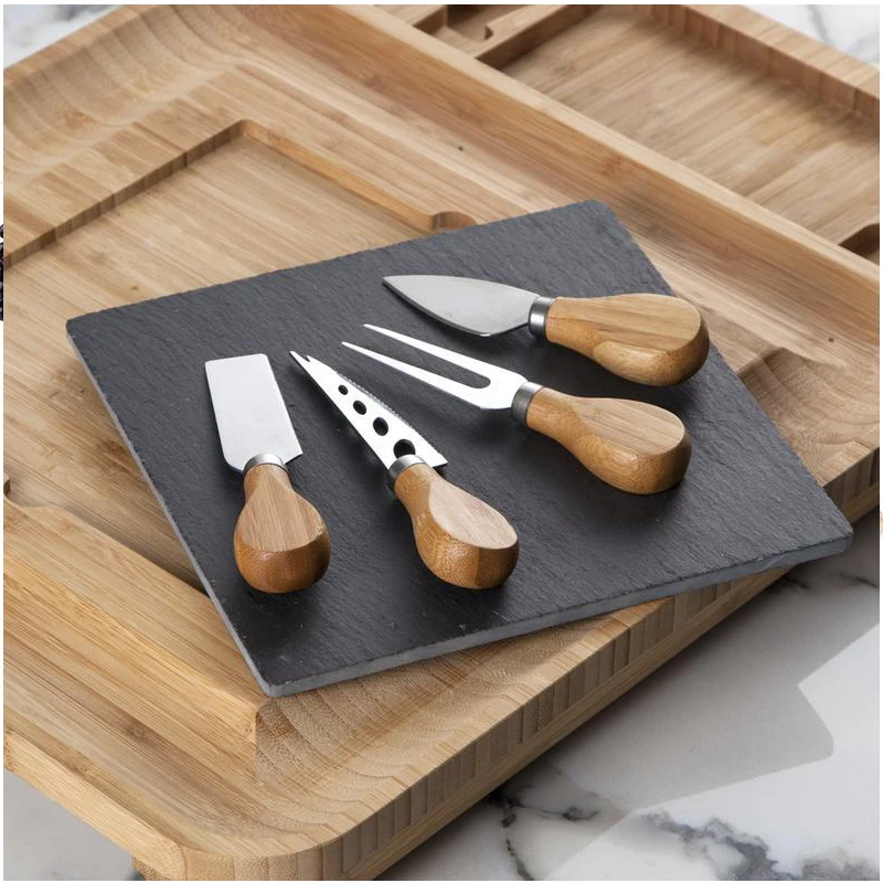 Selling Bamboo Cheese Board with Cheese Tools, Cheese Plate Charcuterie Platter with Utensils Set and 4 Stainless Steel Cutting