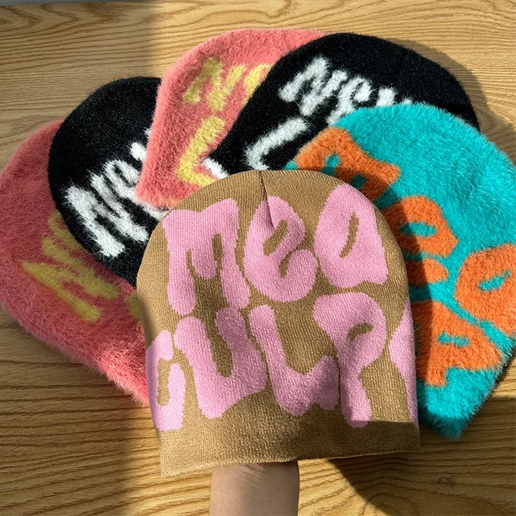 Beanies With Custom Logo All Over Print Designer Unisex Graphic Jacquard Mohair Knit Winter Beanie Hats