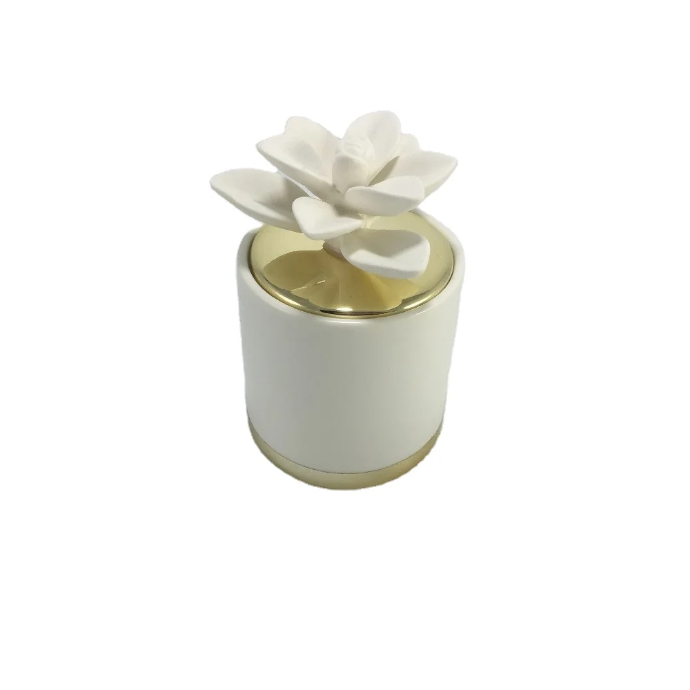 Unique Ceramic candle jar with ceramic flower gold lid