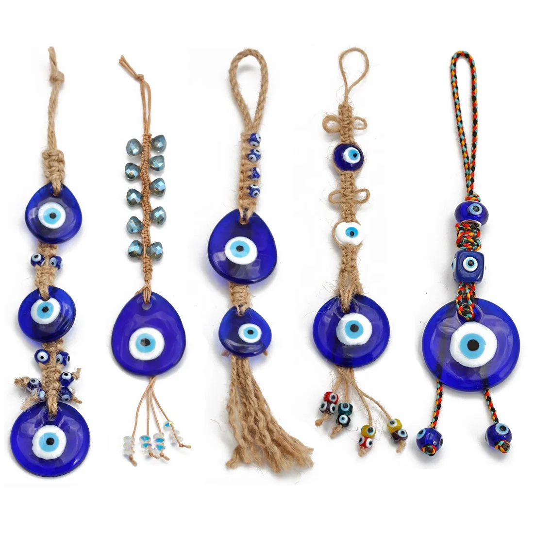 Fashion Handmade Braided Hemp Rope Women Charm Lucky Glass Big Blue Turkish Evil Eye Keychain Accessories For Car